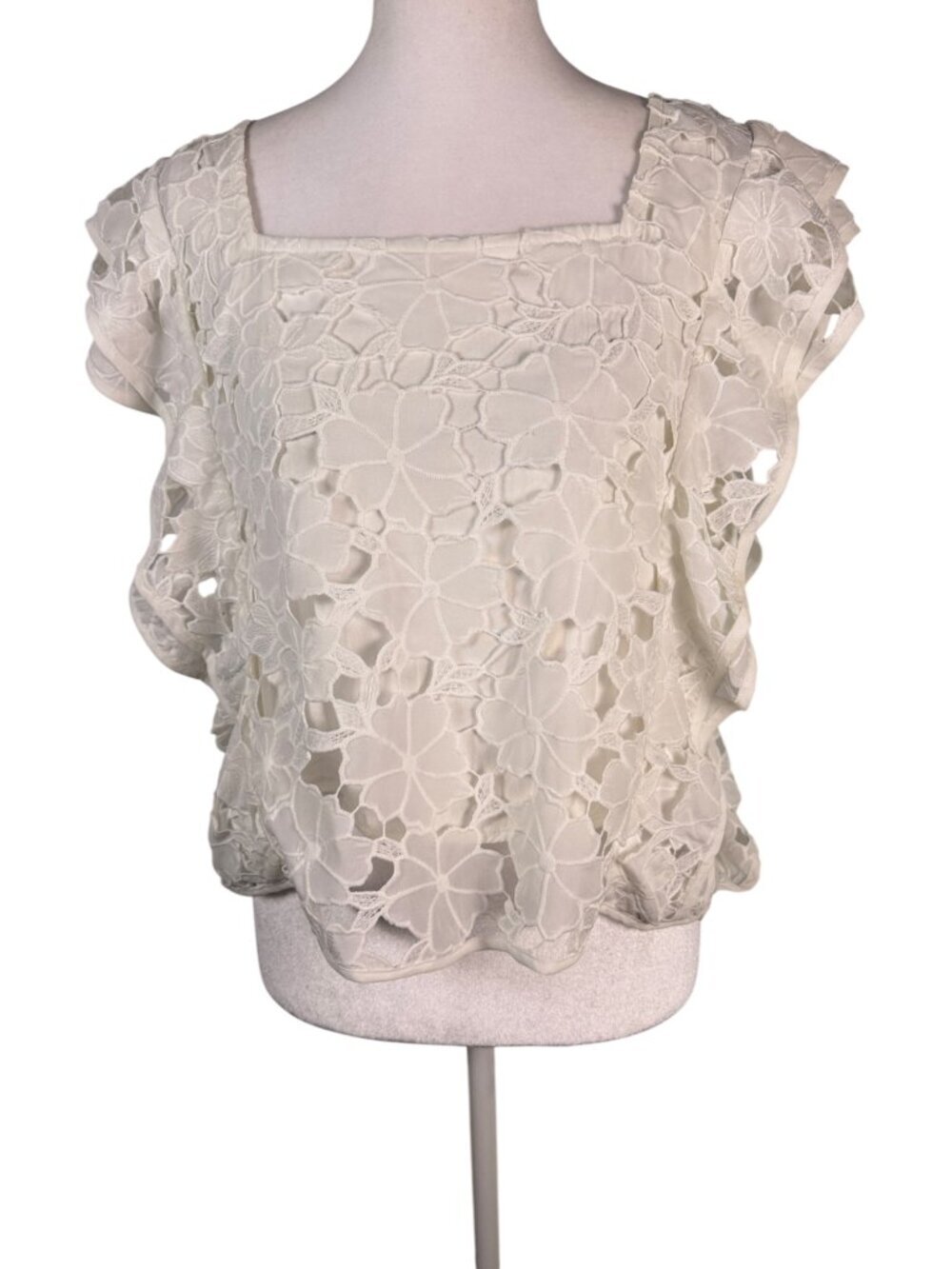 Entro White Floral Lace Blouse Large | 3D Embroidered Flutter Sleeve Top - Picture 2 of 9